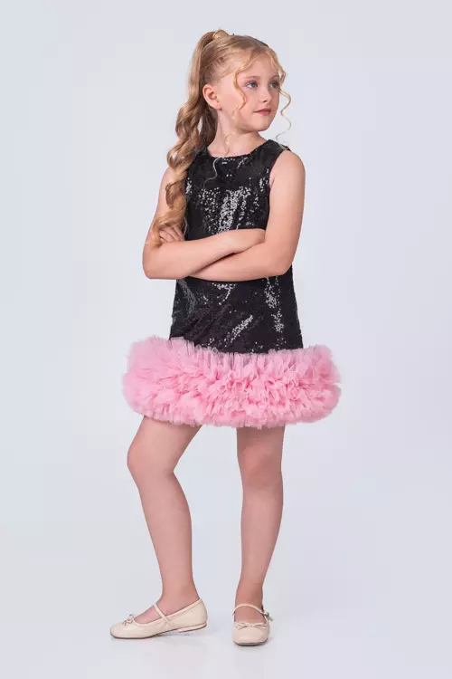 Pullu ve Tüllü Şık Kız Çocuk Elbise 