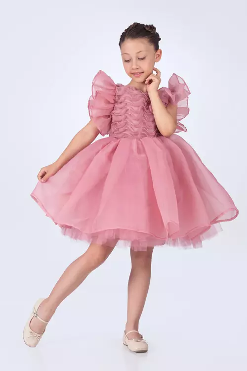 3 Boyutlu Gül Detaylı Kız Çocuk Elbise