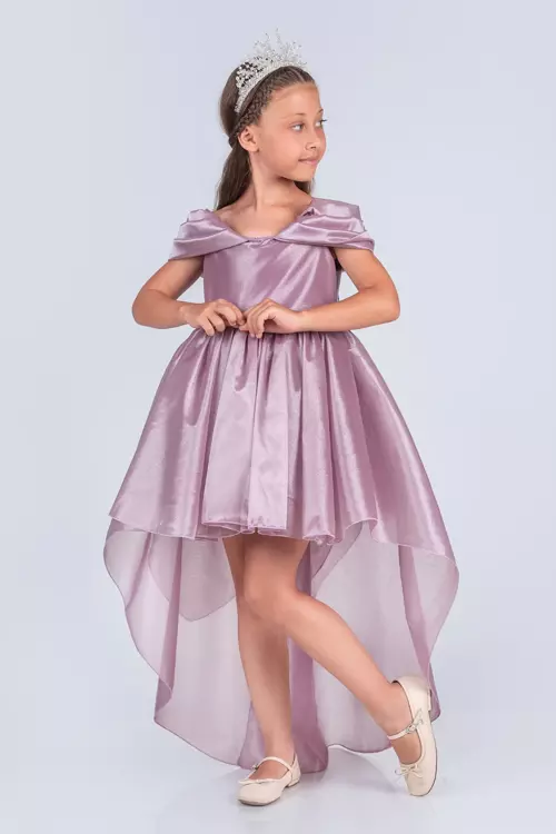 Kız Çocuk Şifon Detaylı Abiye-Düşük Omuz, Uzun Kuyruk 