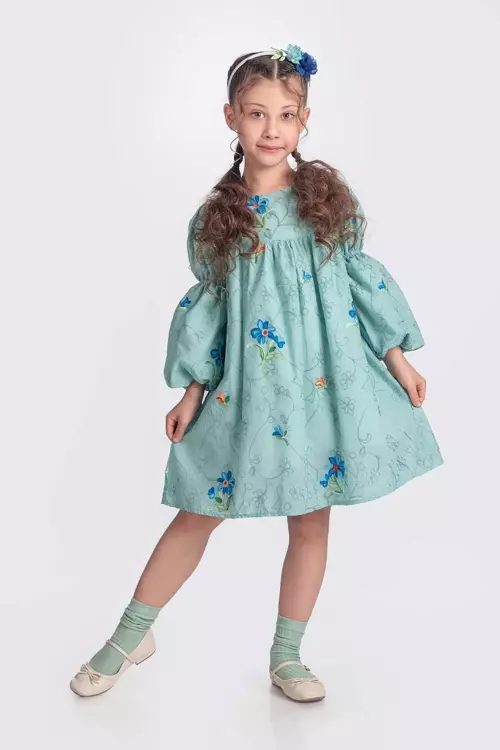 Çiçek Nakışlı Elbise Balon Kollu