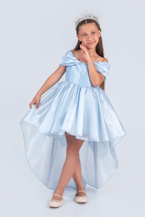 Kız Çocuk Şifon Detaylı Abiye-Düşük Omuz, Uzun Kuyruk 