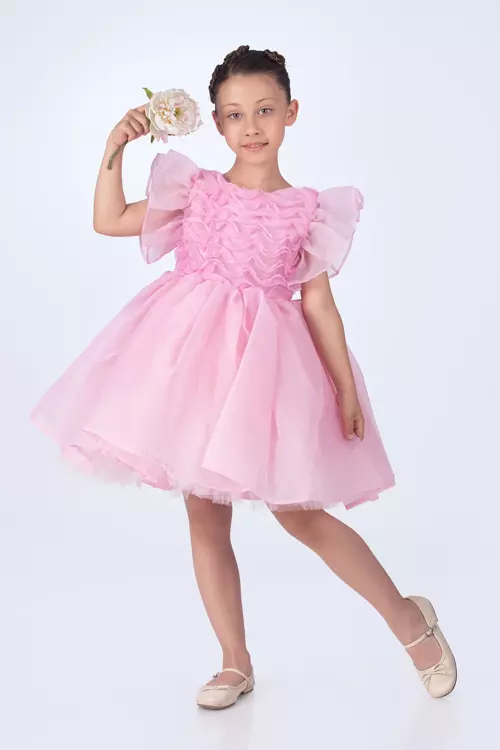 3 Boyutlu Gül Detaylı Kız Çocuk Elbise 