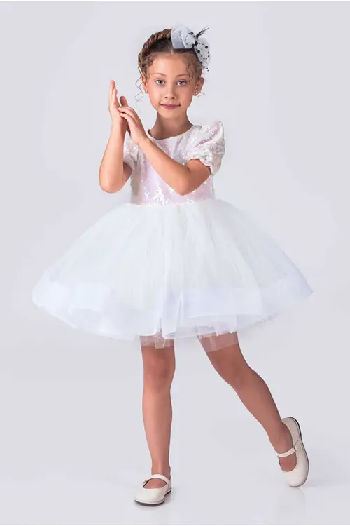 Kısa Kol Balerin Elbise Tütü Etek Pul Payetli