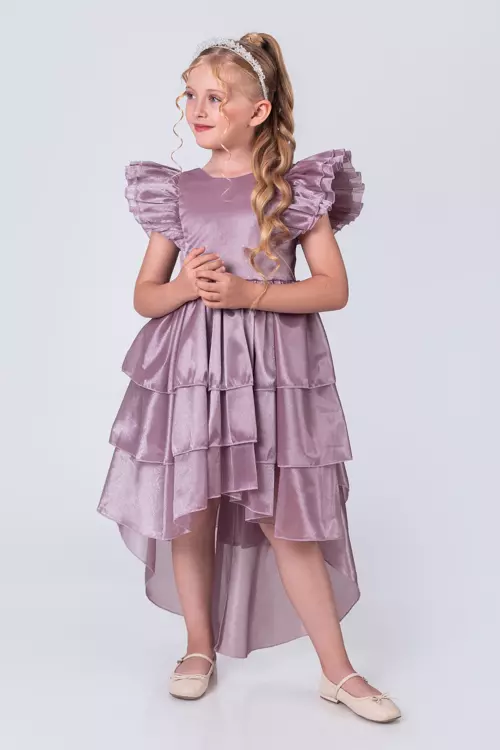 Kız Çocuk Taçlı Kat Kat Abiye Elbise- Zarif Kuyruklu Prenses Model