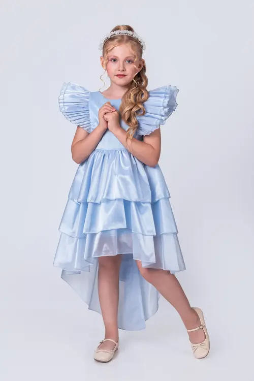 Kız Çocuk Taçlı Kat Kat Abiye Elbise- Zarif Kuyruklu Prenses Model
