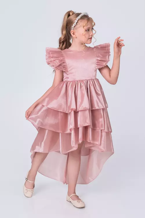 Kız Çocuk Taçlı Kat Kat Abiye Elbise- Zarif Kuyruklu Prenses Model