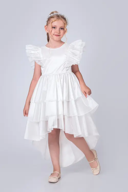 Kız Çocuk Taçlı Kat Kat Abiye Elbise- Zarif Kuyruklu Prenses Model