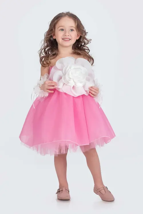 Kız Çocuk Abiye Elbise Karolin Kumaş Gül Aksesuarlı 