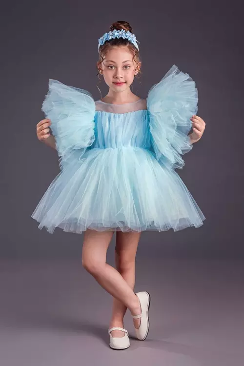 Kız Çocuk Abiye Elbise Inci Taçlı Tütü Etek Kabarık Kollu