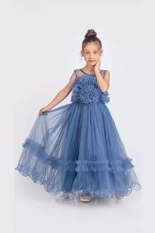 Kız Çocuk Uzun Abiye Elbise Gül Motif