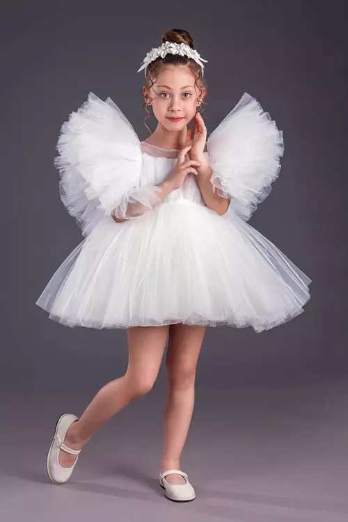 Kız Çocuk Abiye Elbise Inci Taçlı Tütü Etek Kabarık Kollu