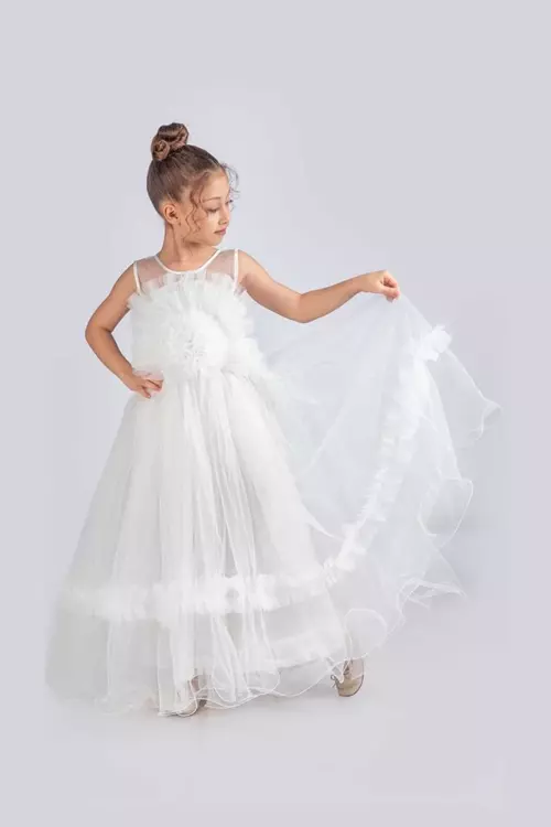 Kız Çocuk Uzun Abiye Elbise Gül Motif