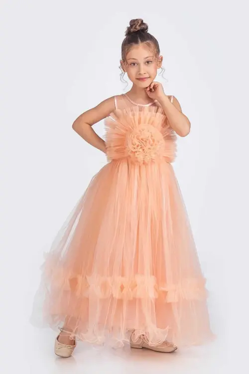 Kız Çocuk Uzun Abiye Elbise Gül Motif