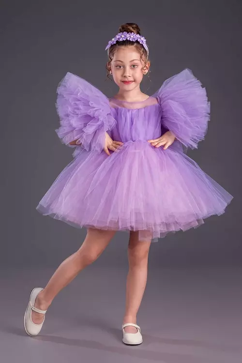 Kız Çocuk Abiye Elbise Inci Taçlı Tütü Etek Kabarık Kollu