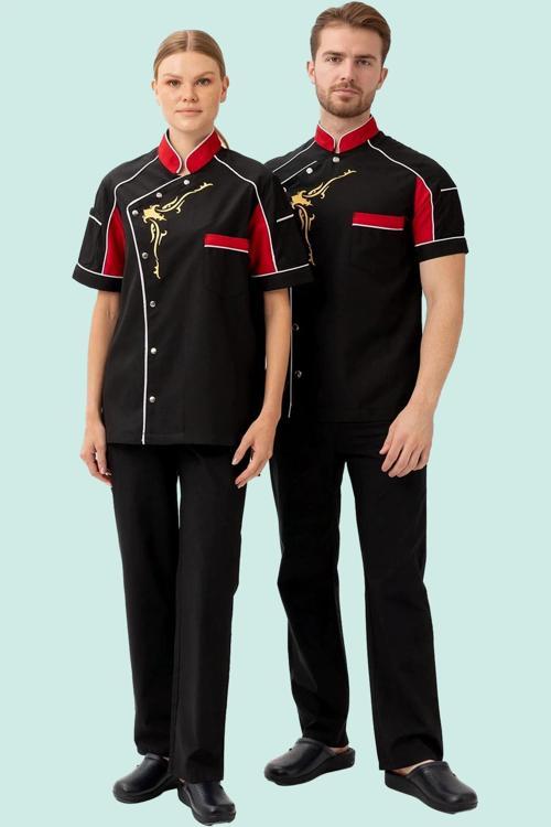 Aşçı Ceketi Kisa Kollu SiyahKırmızı 75 Polyester Evereste Şef Nefes Alabilir Hafif Şık Tasarım