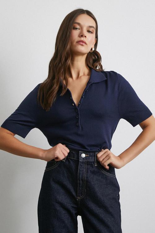 Polo Yaka Düğmeli Kısa Kol Triko Lacivert