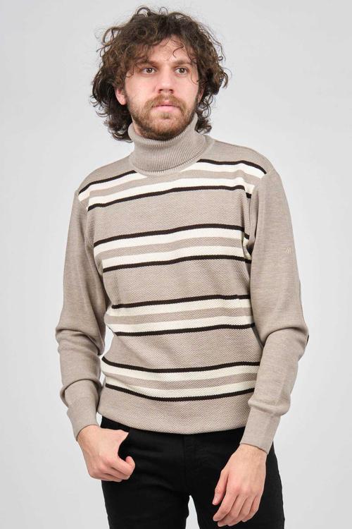 Erkek Tam Balıkçı Çizgili Yün Kazak 3869077 Bej