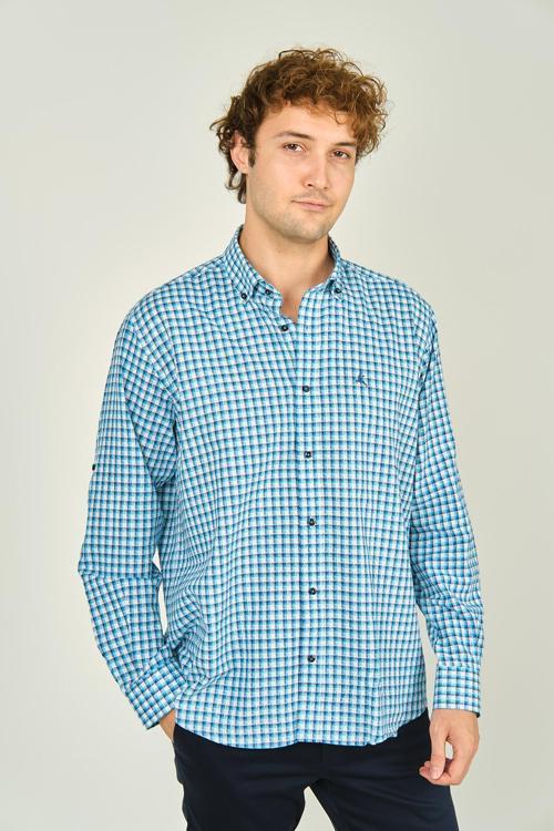 Erkek Slim Fit Ekoseli Uzun Kollu %100 Pamuk Gömlek 0016 Mavi