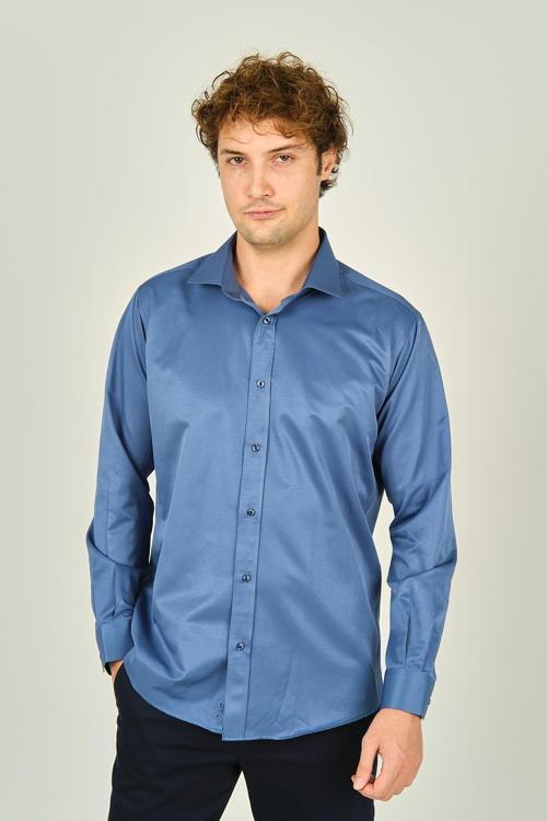 Erkek Slim Fit Uzun Kollu Pamuklu Parlak Kumaş Gömlek 0013 Indigo