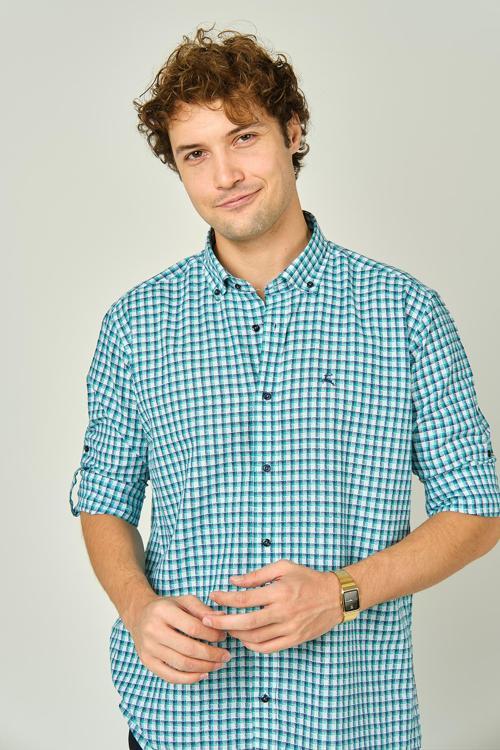 Erkek Slim Fit Ekoseli Uzun Kollu %100 Pamuk Gömlek 0016 Mint