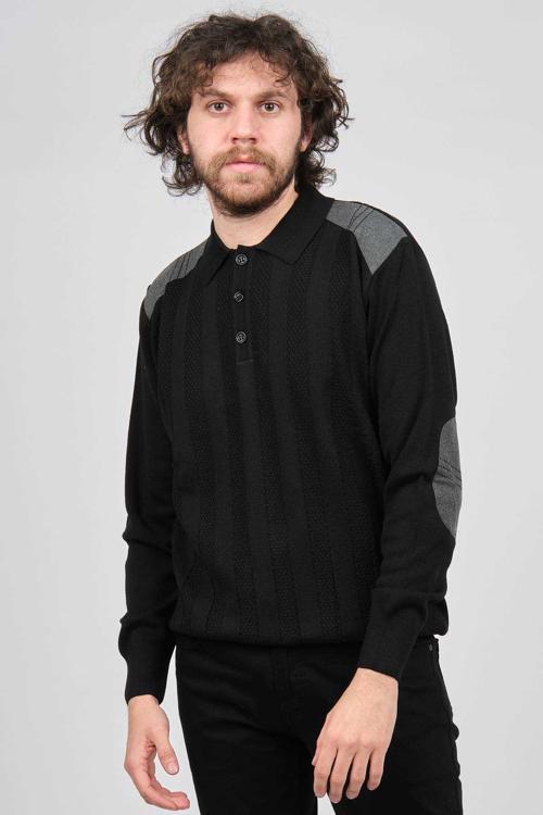 Erkek Polo Yaka Çizgili Yün Kazak 3869161 Siyah