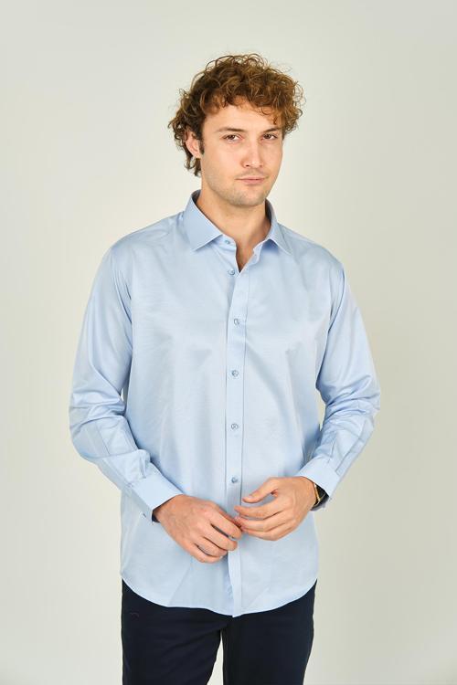 Erkek Slim Fit Uzun Kollu Pamuklu Parlak Kumaş Gömlek 0013 Açık Mavi