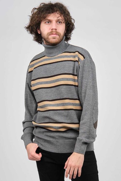 Erkek Tam Balıkçı Çizgili Yün Kazak 3869077 Gri