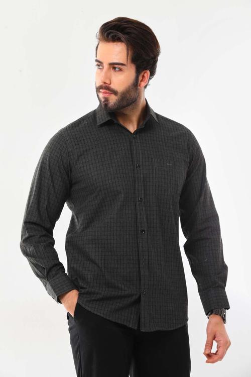 Erkek Cep Detaylı Uzun Kol %100 Pamuk Gömlek 019NS Koyu Yeşil