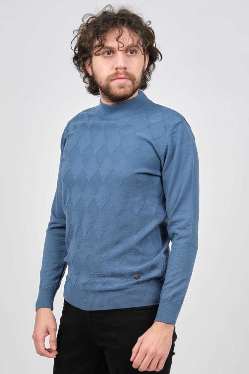 Erkek Yarım Balıkçı Baklava Desenli Kazak 42564257 Mavi