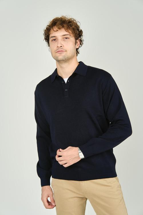 Erkek Polo Yaka Düğmeli Yün Kazak 6091023 Lacivert