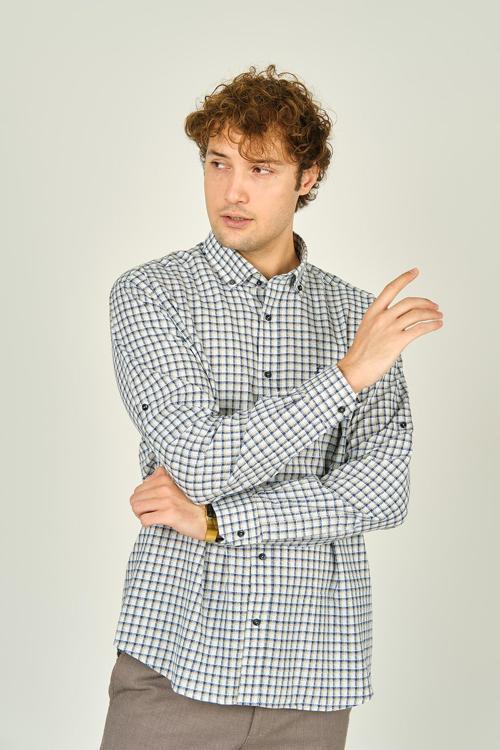 Erkek Slim Fit Ekoseli Uzun Kollu %100 Pamuk Gömlek 0016 Bej