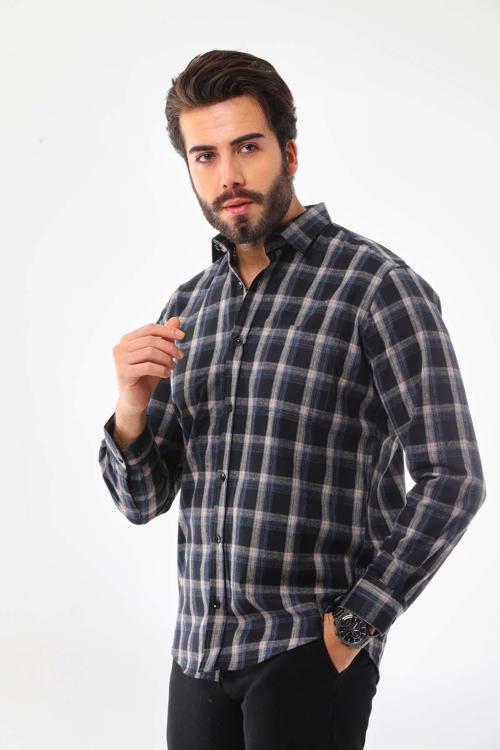 Erkek Çizgili Cepli Uzun Kol %100 Pamuk Gömlek 019SB Koyu Lacivert