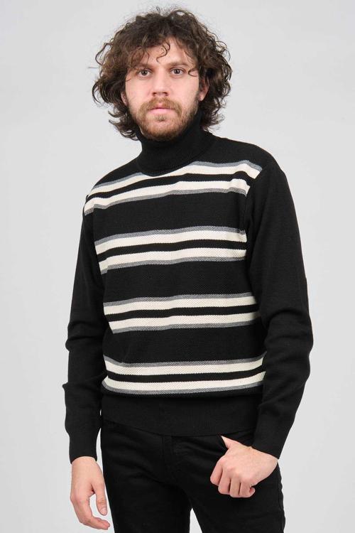 Erkek Tam Balıkçı Çizgili Yün Kazak 3869077 Siyah