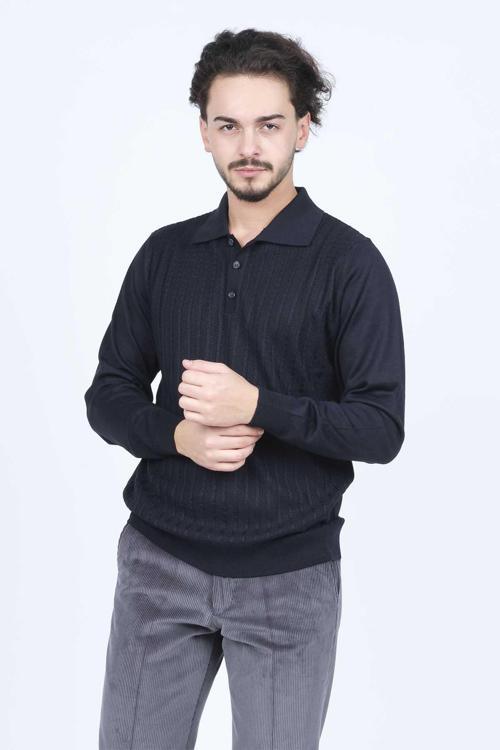 Erkek Polo Yaka Çizgi Detaylı Yün Kazak 6091893 Lacivert