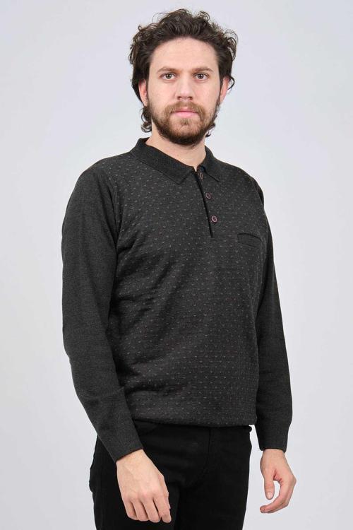 Erkek Cep Detaylı Polo Yaka Desenli Kazak 42544232 Koyu Gri