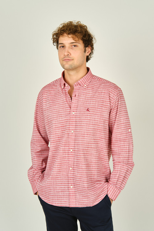 Erkek Slim Fit Çizgili Uzun Kollu %100 Pamuk Gömlek 0015 Kırmızı