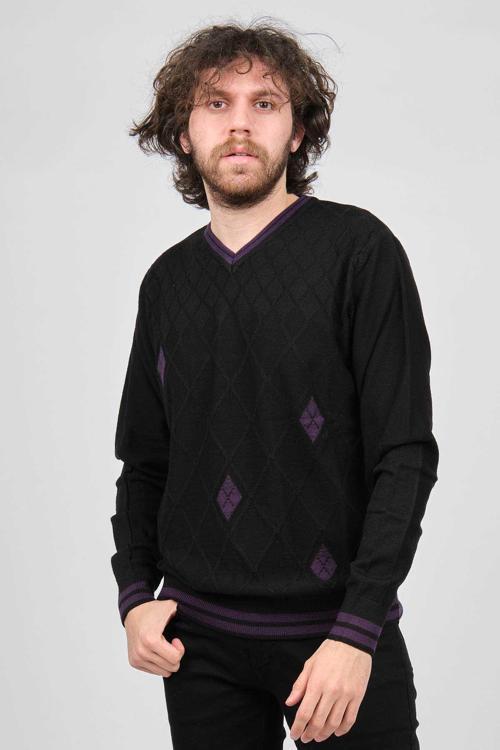 Erkek V Yaka Baklava Desenli Yün Kazak 1343102 Siyah