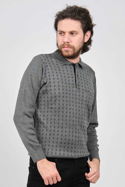 Erkek Cep Detaylı Polo Yaka Desenli Kazak 42544216 Gri