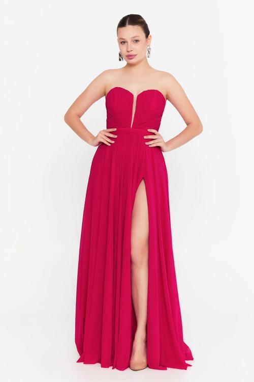 Kadın Straplez Derin Yırtmaçlı Maxi Abiye Elbise 8322 Mercan