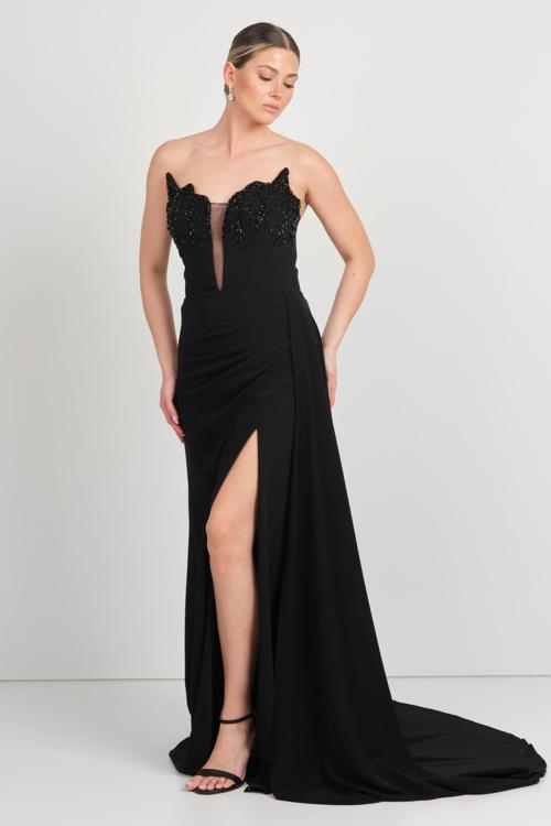 Kadın Derin Yırtmaçlı Göğsü Taş İşlemeli Krep Kumaş Abiye Elbise 7636 Siyah