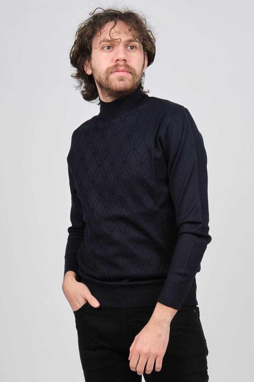 Erkek Yarım Balıkçı Desenli Yün Kazak 4537210 Lacivert