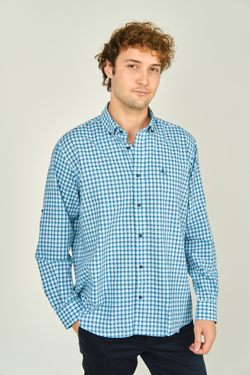 Erkek Slim Fit Ekoseli Uzun Kollu %100 Pamuk Gömlek 0016 Mavi
