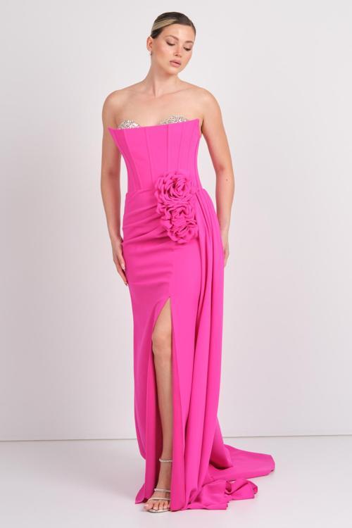 Kadın Straplez Korsajlı Balık Form Abiye Elbise 7639 Fuşya