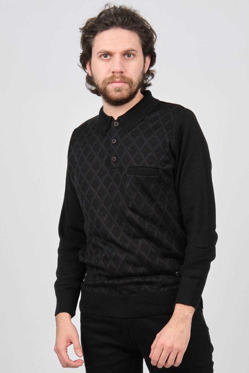 Erkek Cep Detaylı Polo Yaka Desenli Kazak 42544227 Siyah