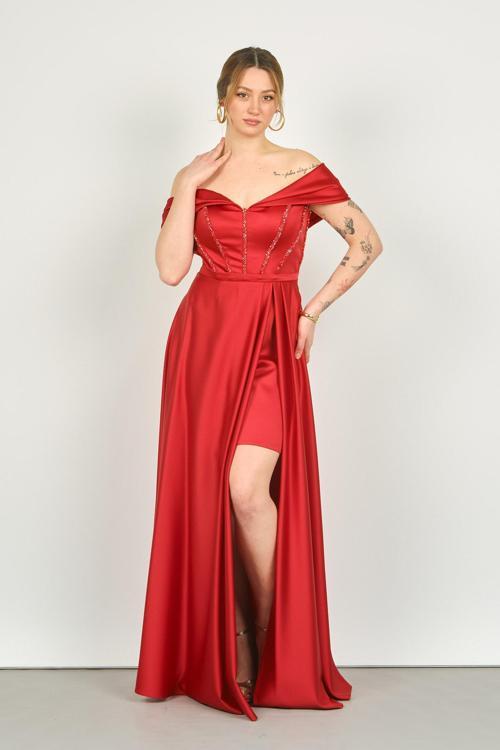 Kadın Düşük Kol Korsajlı Kloş Uzun Abiye Elbise 3475 Kırmızı