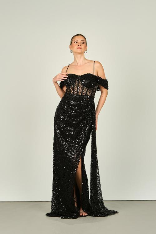 Kadın Askılı Üst Beden Transparan Full Taş ve Payet Detaylı Uzun Abiye Elbise 4606 Siyah