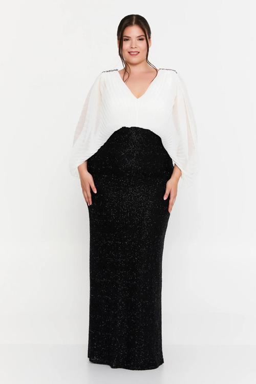 Kadın Büyük Beden Ön-Arka V Yaka Simli Kumaş Maxi Abiye Elbise 8429 Siyah-Beyaz