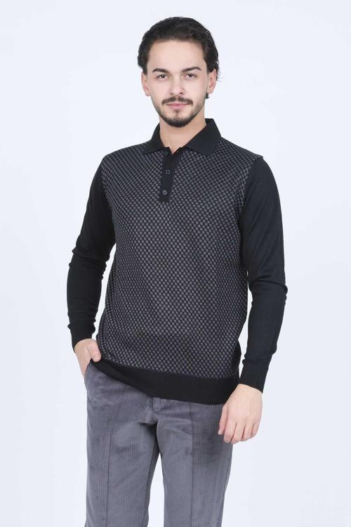 Erkek Desenli Polo Yaka Triko Yün Kazak 4533224 Siyah