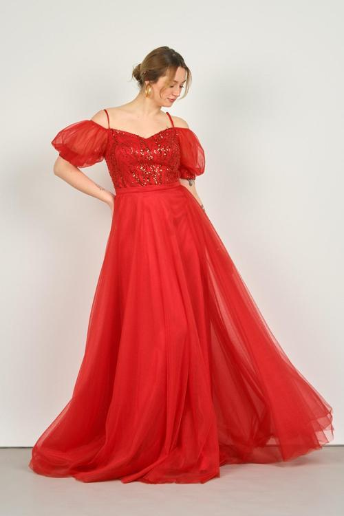 Kadın Balon Kol Askılı Pul Payetli Tül Uzun Abiye Elbise 3488 Kırmızı