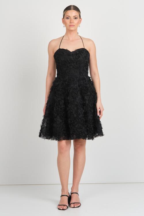 Kadın Kalp Yaka Boyundan Bağlamalı Kısa Abiye Elbise 5635 Siyah